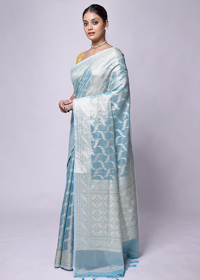 Blue Tissue Silk Saree With Blouse Piece Ebay