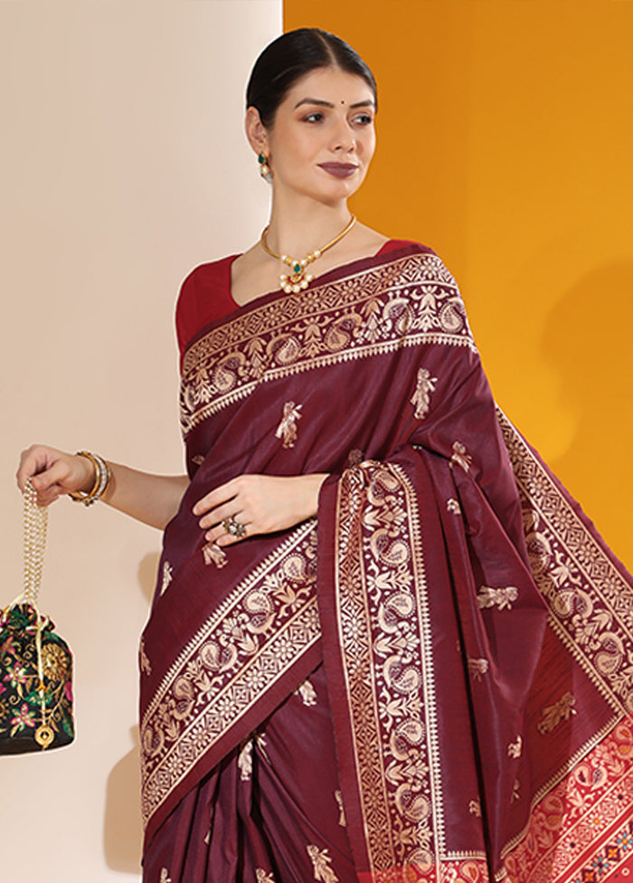 Wine Spun Silk Saree With Blouse Piece Cheap Best Seller