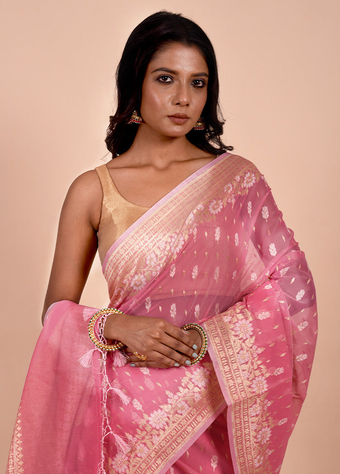 Pink Kora Silk Saree With Blouse Piece Free Shipping Genuine