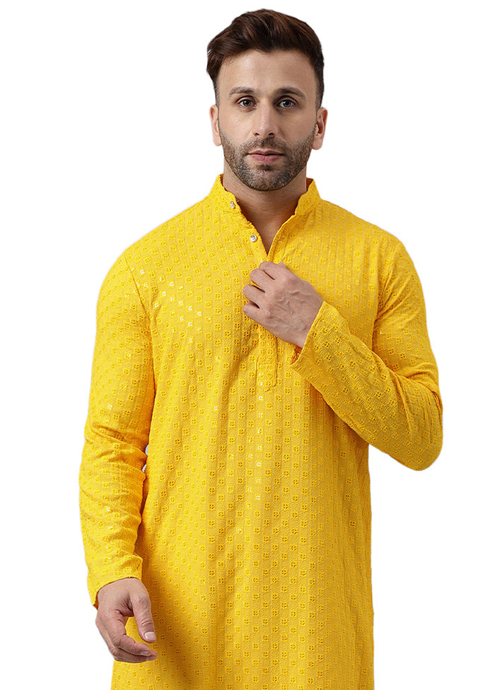 Yellow Silk Embroidered Kurta Limited Edition Sale Online