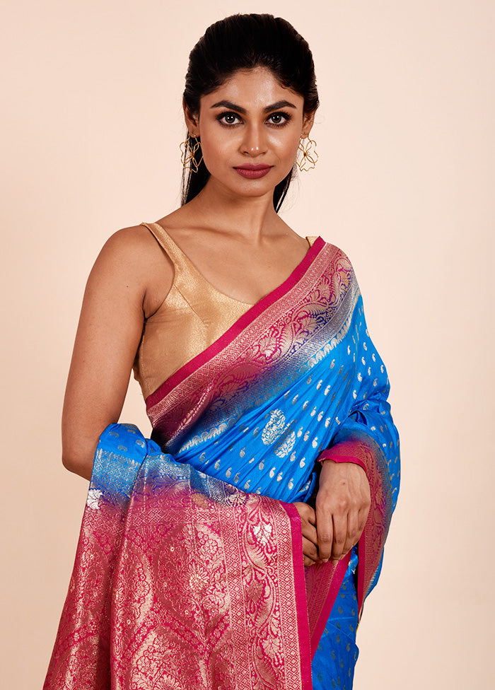 Blue Dupion Silk Saree With Blouse Piece Cheap Sale Many Kinds Of