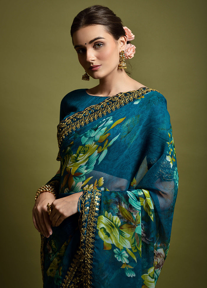 Teal Chiffon Silk Saree With Blouse Piece Pay With Paypal For Sale