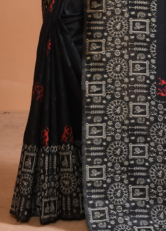 Black Spun Silk Saree With Blouse Piece Best Deals