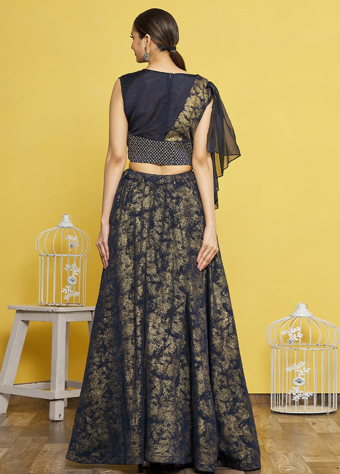 3 Pc Navy Blue Silk Semi Stitched Lehenga Set Cheapest Pice