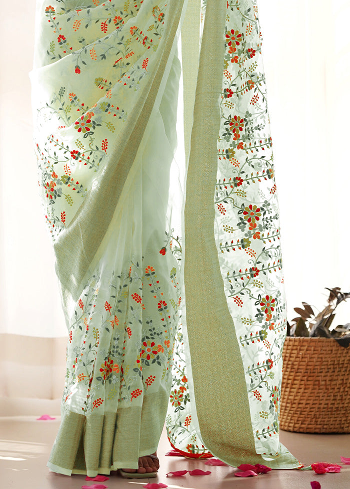 Pista Green Organza Saree With Blouse Piece Purchase For Sale