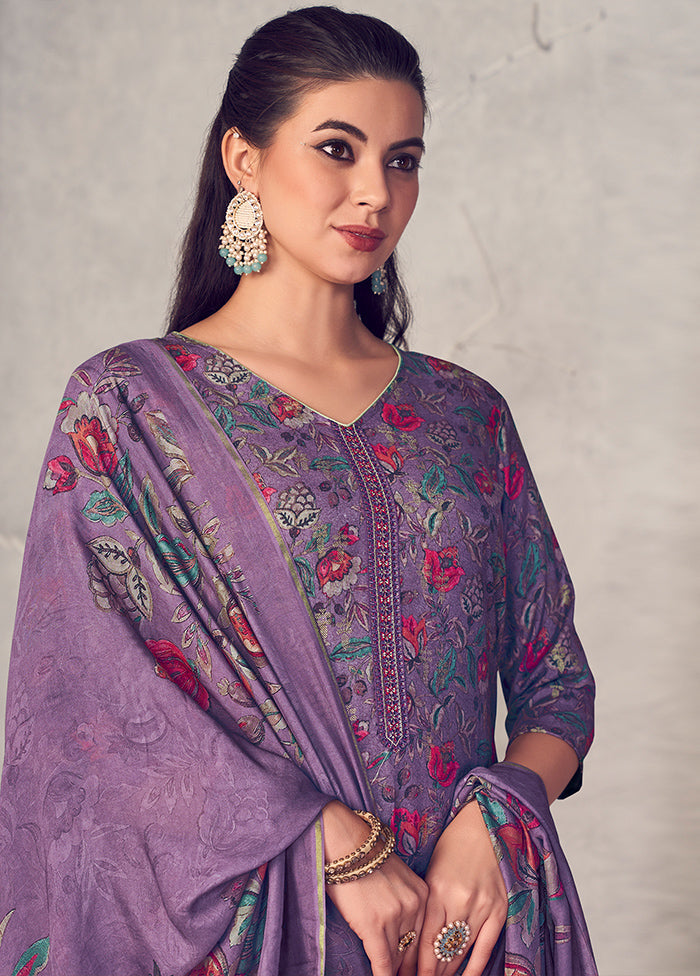 3 Pc Purple Unstitched Pure Pashmina Suit Set High Quality For Sale