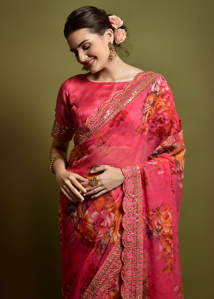 Pink Chiffon Silk Saree With Blouse Piece Cheap Low Pice Fee Shipping