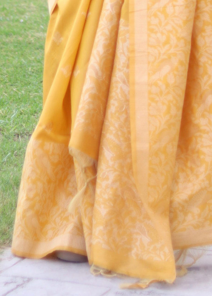 Yellow Spun Silk Saree With Blouse Piece Clearance Store Sale Online