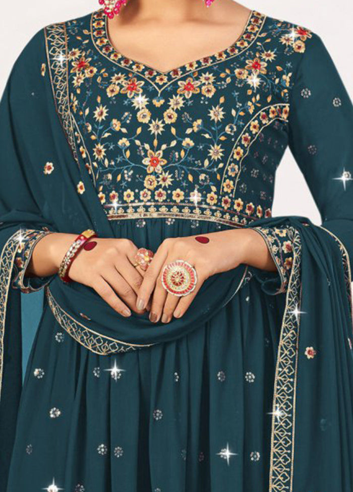 3 Pc Teal Semi Stitched Georgette Suit Set Buy Cheap Low Cost