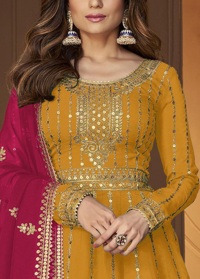 3 Pc Mustard Semi Stitched Georgette Suit Set Discount Low Cost