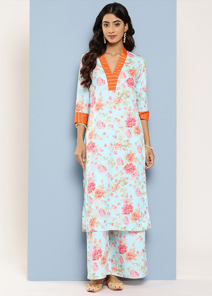 2 Pc Blue Readymade Silk Kurti Set Sale New Styles