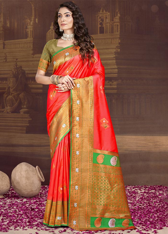 Red Dupion Silk Saree With Blouse Piece Countdown Package Cheap Online