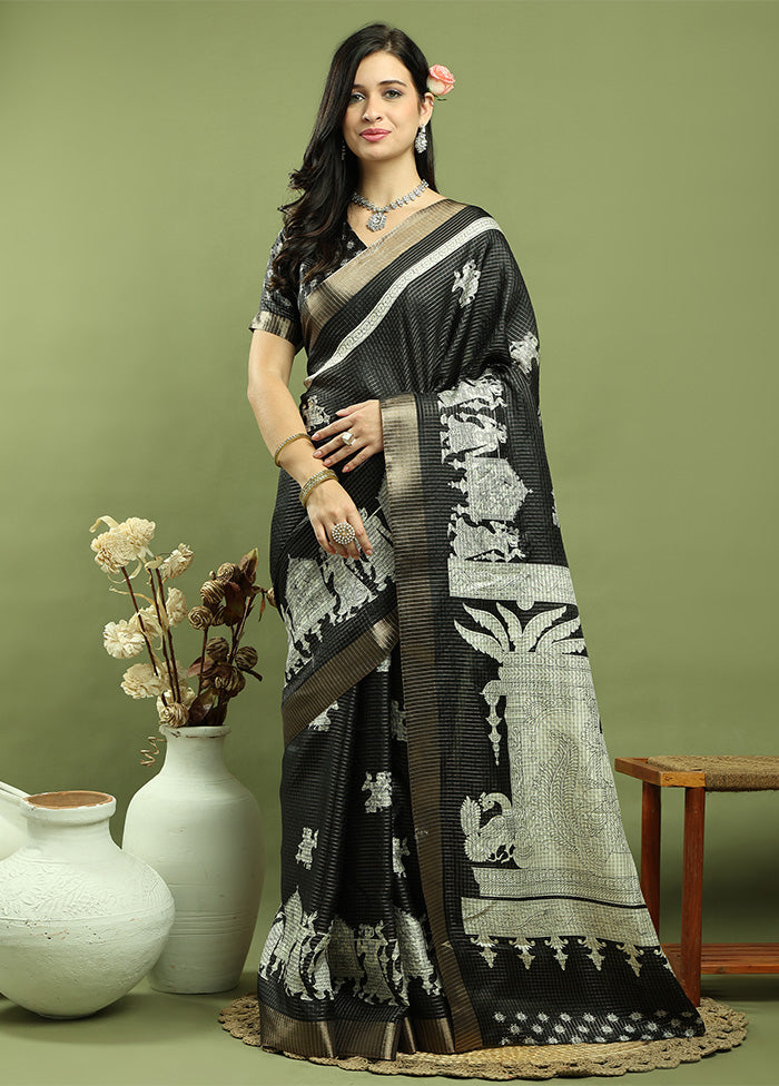 Black Dupion Silk Saree With Blouse Piece Free Shipping Clearance