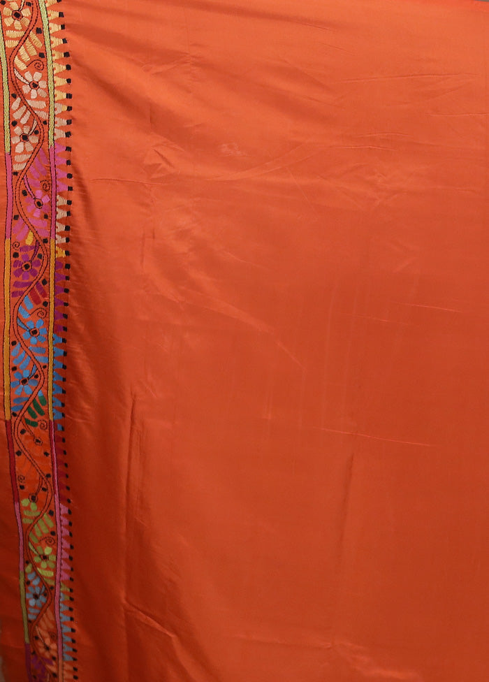 Orange Kantha Stitch Silk Saree With Blouse Piece Finishline Cheap Online