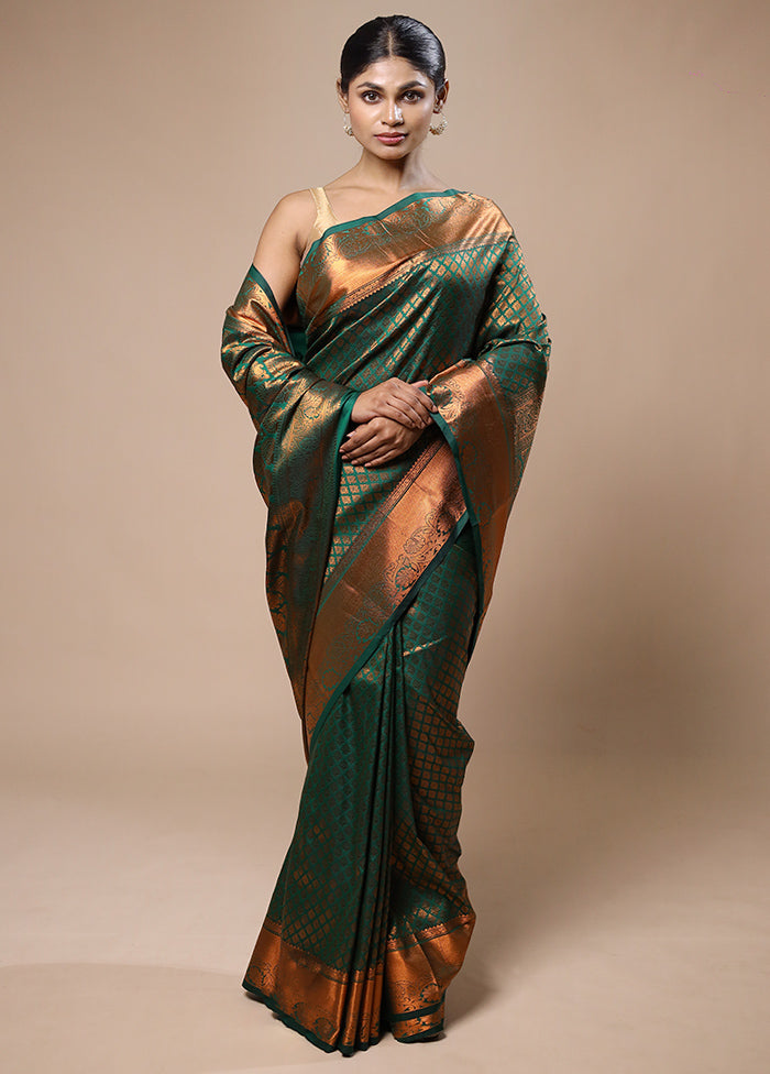 Green Kanjivaram Silk Saree With Blouse Piece Discount Fast Delivery