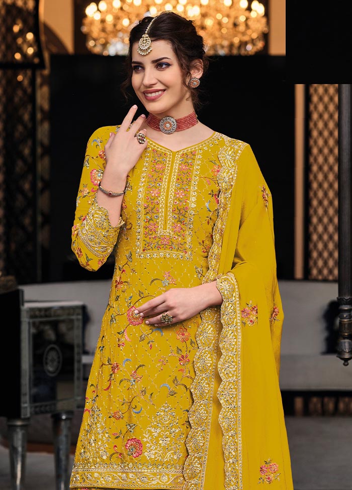 3 Pc Yellow Semi Stitched Silk Suit Set Free Shipping Low Pice Fee Shipping