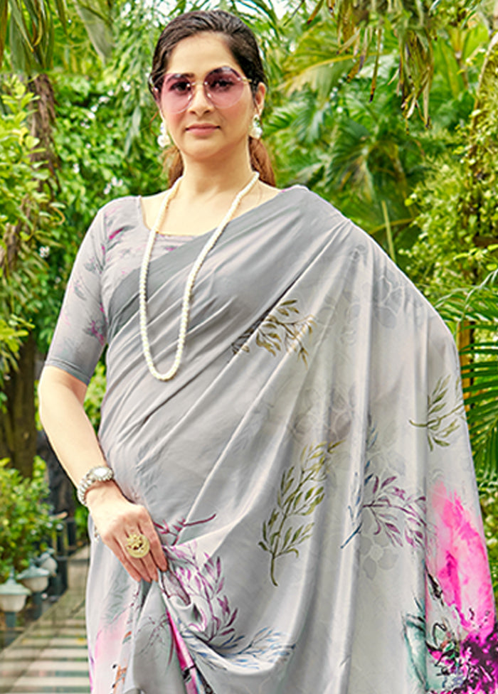 Grey Crepe Silk Saree With Blouse Piece Latest Collections Online