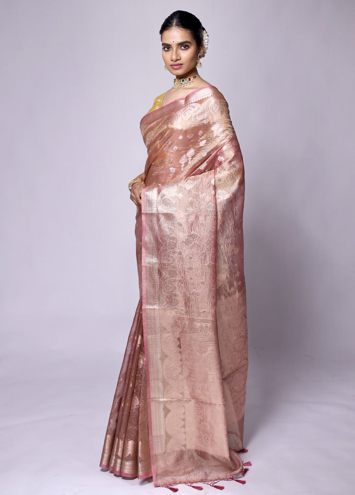 Peach Crushed Tissue Silk Saree With Blouse Piece Outlet Cheap Online