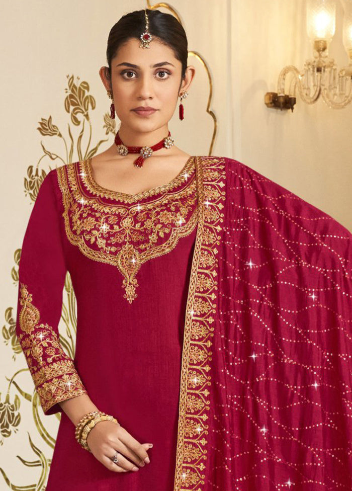 3 Pc Pink Pure Semi Stitched Silk Suit Set Clearance Big Sale