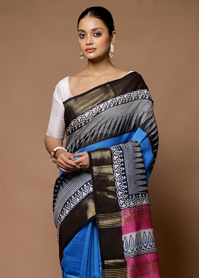 Blue Chanderi Cotton Saree With Blouse Piece Cheap Sale For Cheap