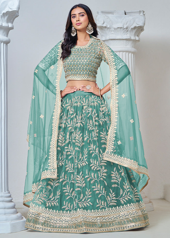 3 Pc Green Net Semi Stitched Lehenga Set Real Sale Online