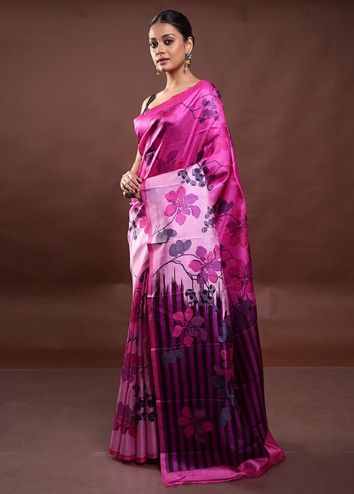 Pink Printed Pure Silk Saree Without Blouse Piece Discount Collections