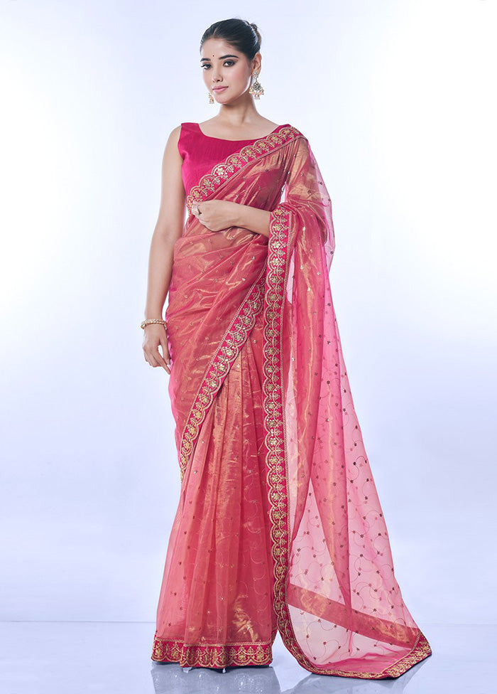 Pink Net Net Saree With Blouse Piece Discount Authentic Online