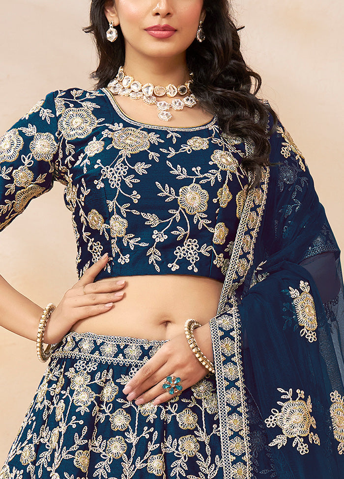 3 Pc Blue Silk Semi Stitched Lehenga Set Buy Cheap Inexpensive