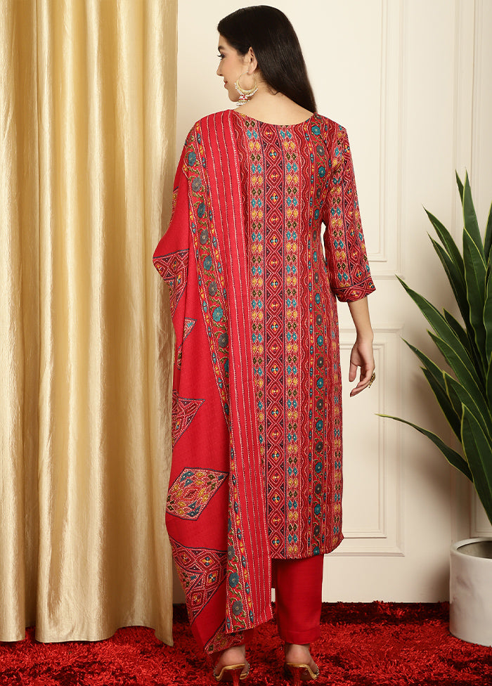 3 Pc Red Unstitched Pashmina Suit Set Free Shipping Popular