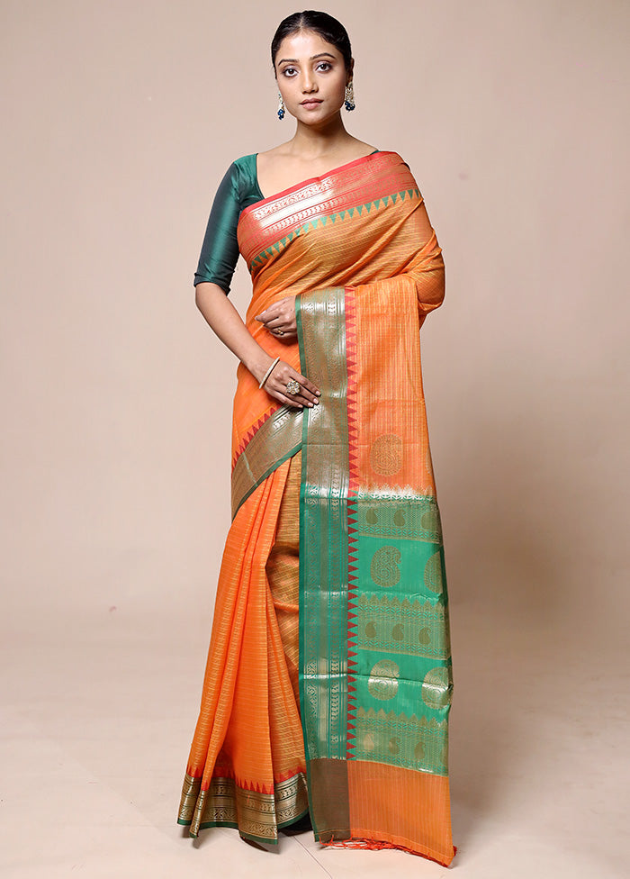 Orange Kota Cotton Saree With Blouse Piece Fast Delivery Online