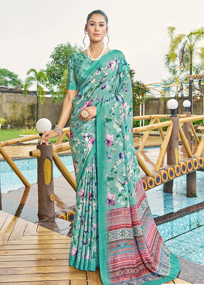 Turquoise Crepe Silk Saree With Blouse Piece Cost Cheap Online