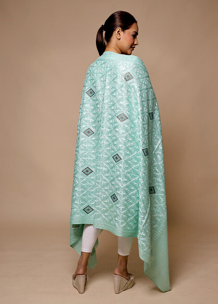 Green Butta Work With Zari Woven Border Shawl With Mastercard For Sale