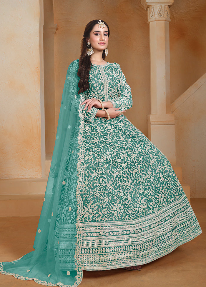 3 Pc Sea Green Semi Stitched Net Suit Set Cheap Sale Big Discount