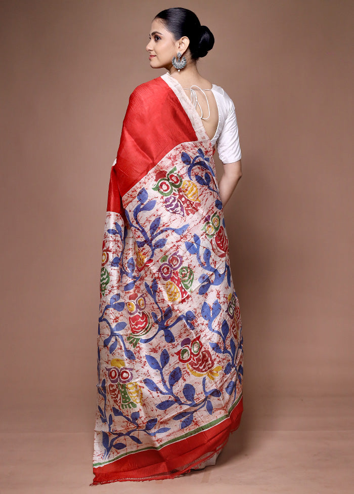 Red Printed Pure Silk Saree Without Blouse Piece Cheap Finishline