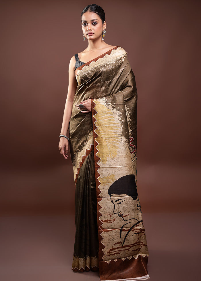 Brown Printed Pure Silk Saree Without Blouse Piece For Sale