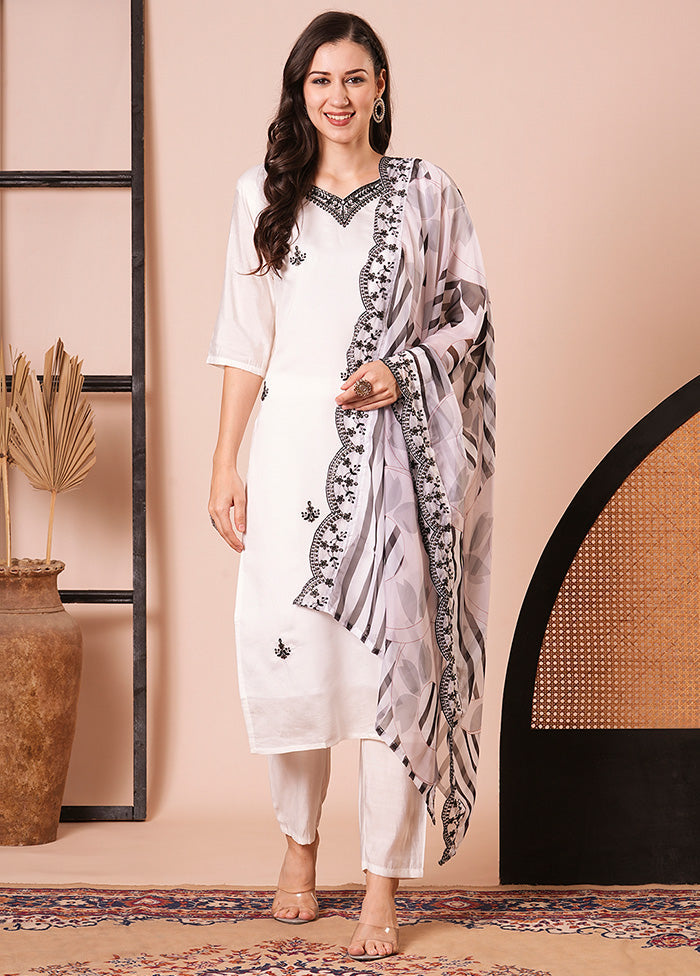 3 Pc White Readymade Chanderi Dupatta Suit Set Pay With Paypal