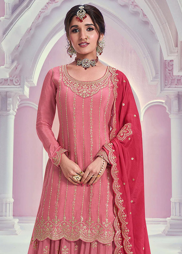 3 Pc Peach Semi Stitched Silk Dupatta Suit Set Clearance Supply