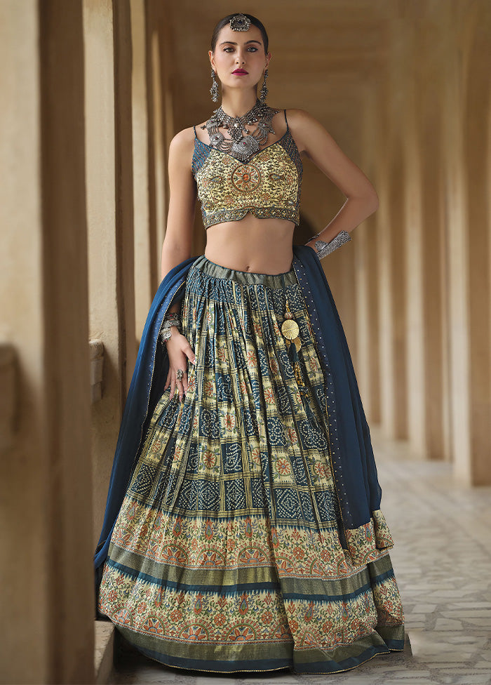 3 Pc Teal Blue Silk Semi Stitched Lehenga Set Cheap Sale Now