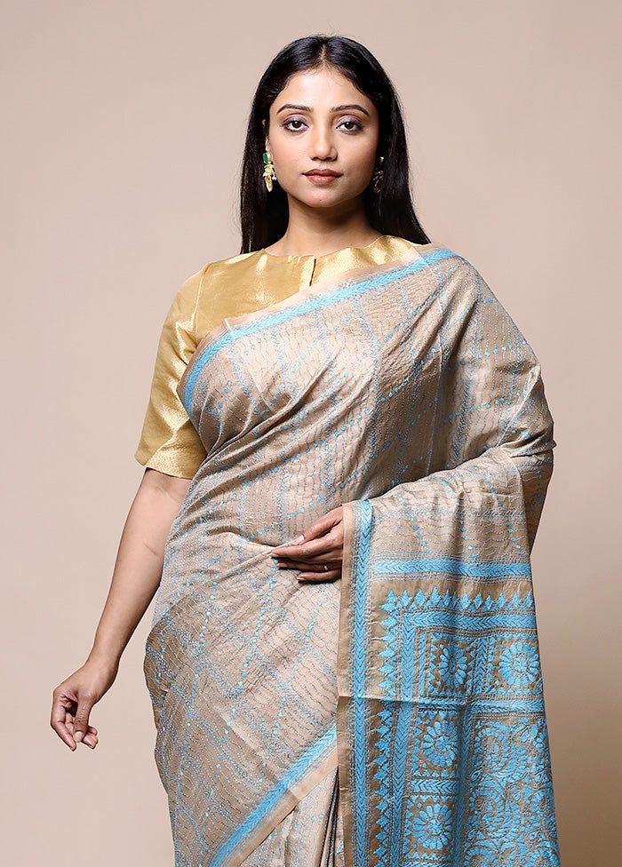 Cream Handloom Kantha Stitch Pure Silk Saree With Blouse Piece Buy Cheap Discounts