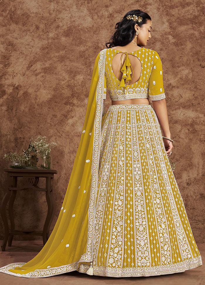 3 Pc Yellow Georgette Semi Stitched Lehenga Set Geniue Stockist Online