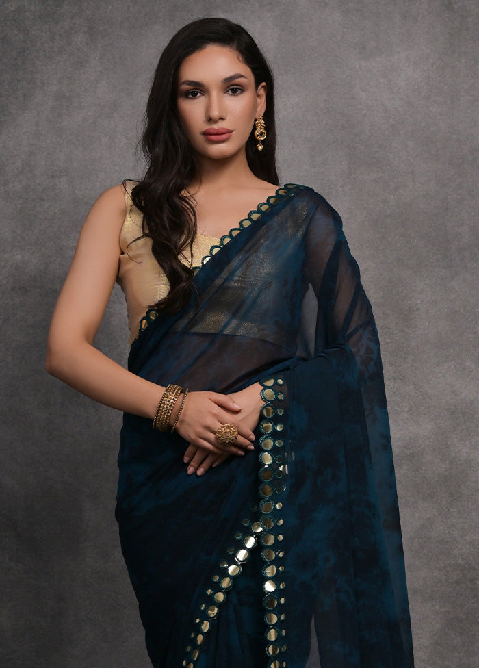 Navy Blue Chiffon Silk Saree With Blouse Piece New Arrival Cheap Pice