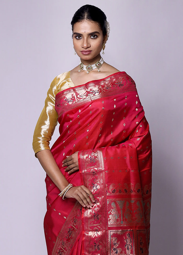 Red Handloom Baluchari Pure Silk Saree With Blouse Piece Clearance Manchester