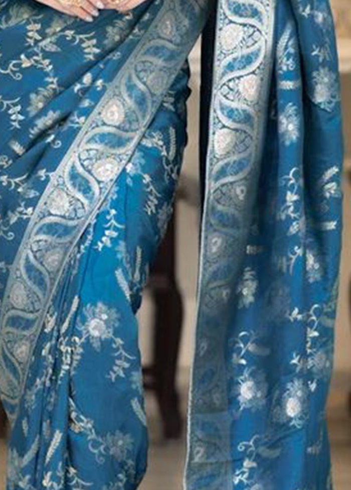 Teal Blue Banarasi Silk Saree With Blouse Piece Store With Big Discount