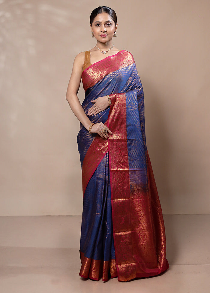 Blue Kanjivaram Silk Saree With Blouse Piece Free Shipping Perfect