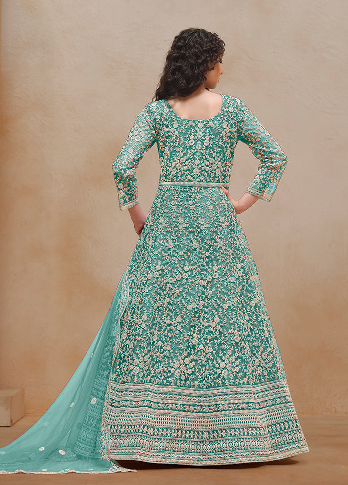 3 Pc Sea Green Semi Stitched Net Suit Set Cheap Sale Big Discount