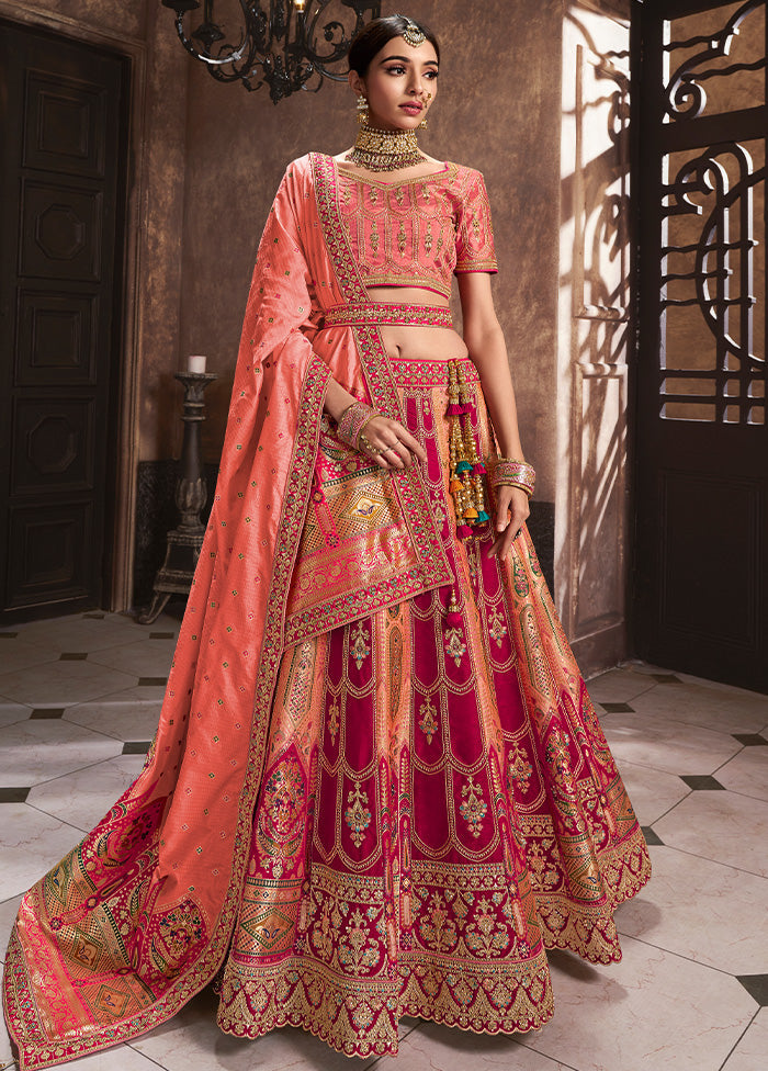 3 Pc Red Silk Semi Stitched Lehenga Set Free Shipping Supply