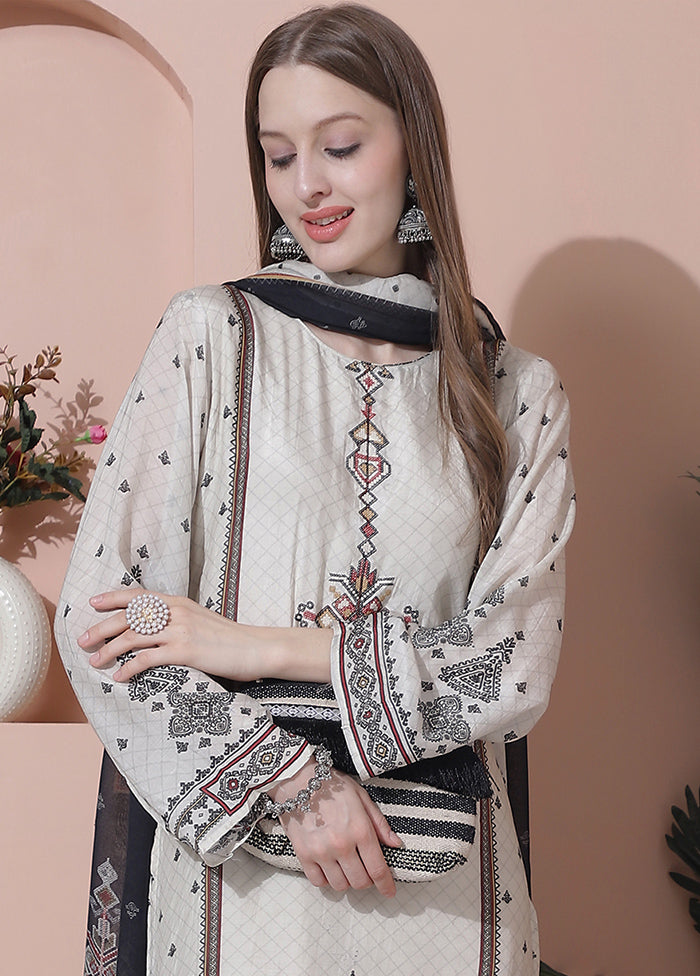 3 Pc Off White Unstitched Silk Suit Set Big Sale Cheap Online