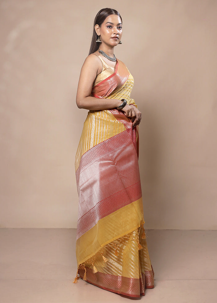 Yellow Kora Silk Saree With Blouse Piece Cheap Sale