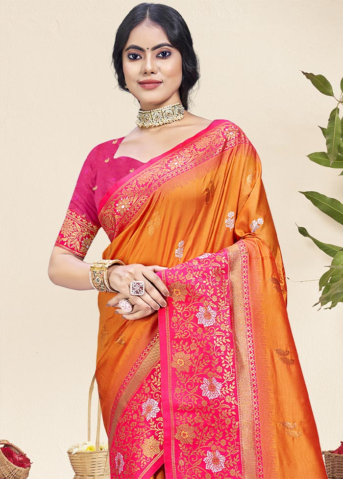 Orange Dupion Silk Saree With Blouse Piece Cheap Sale Pictures