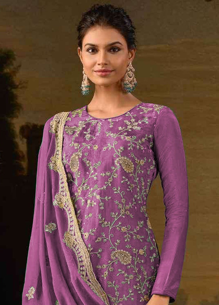 3 Pc Purple Semi Stitched Silk Suit Set Classic Cheap Pice